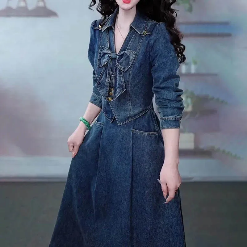 

Denim Dress New Women's Spring Autumn Vacation Two Slim Temperament Light Luxury High Sense Fashion Joker Leisure Office Dress
