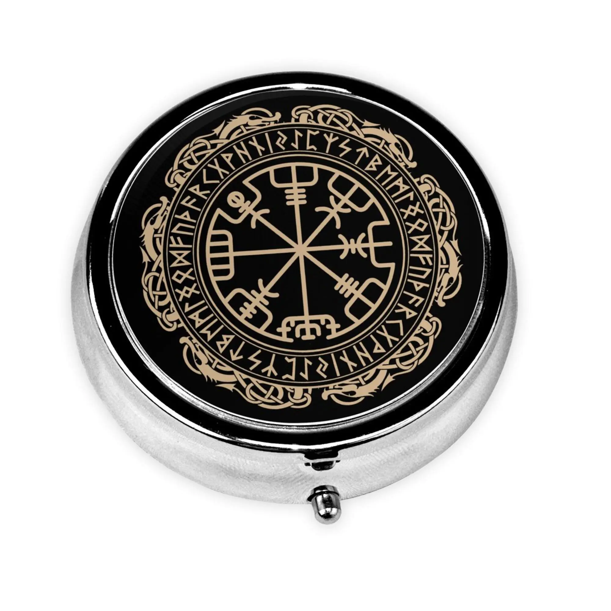 Black Vintage Celtic Viking Design Portable Pill Box for Pocket or Purse Pill Case Decorative Metal Medicine Vitamin Organizer