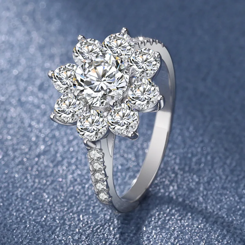 

Sterling Silver S925 Moissanite Sunflower Ring Women's Hand Diamond Ring D Color VVS Grade Plated 18k White Gold