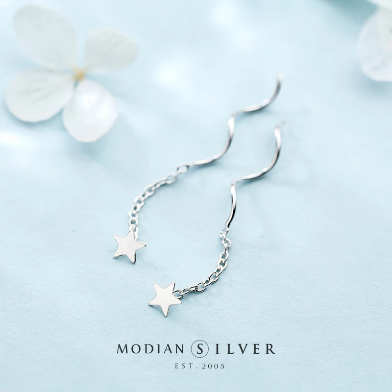 Modian Minimalism Stars Long Chain Drop Earrings 925 Sterling Silver Jewelry for Women Wedding Aanniversary Statement Jewelry