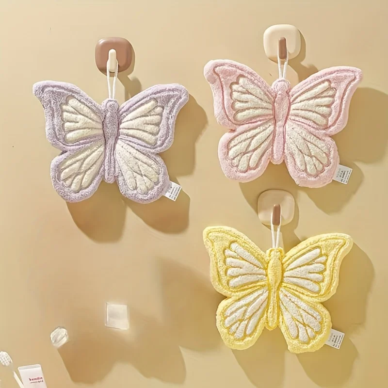 Serviette à suspendre en forme de papillon, serviette en velours corail, super absorbante, douce et à séchage rapide, serviette à suspendre pour la cuisine et la salle de bain