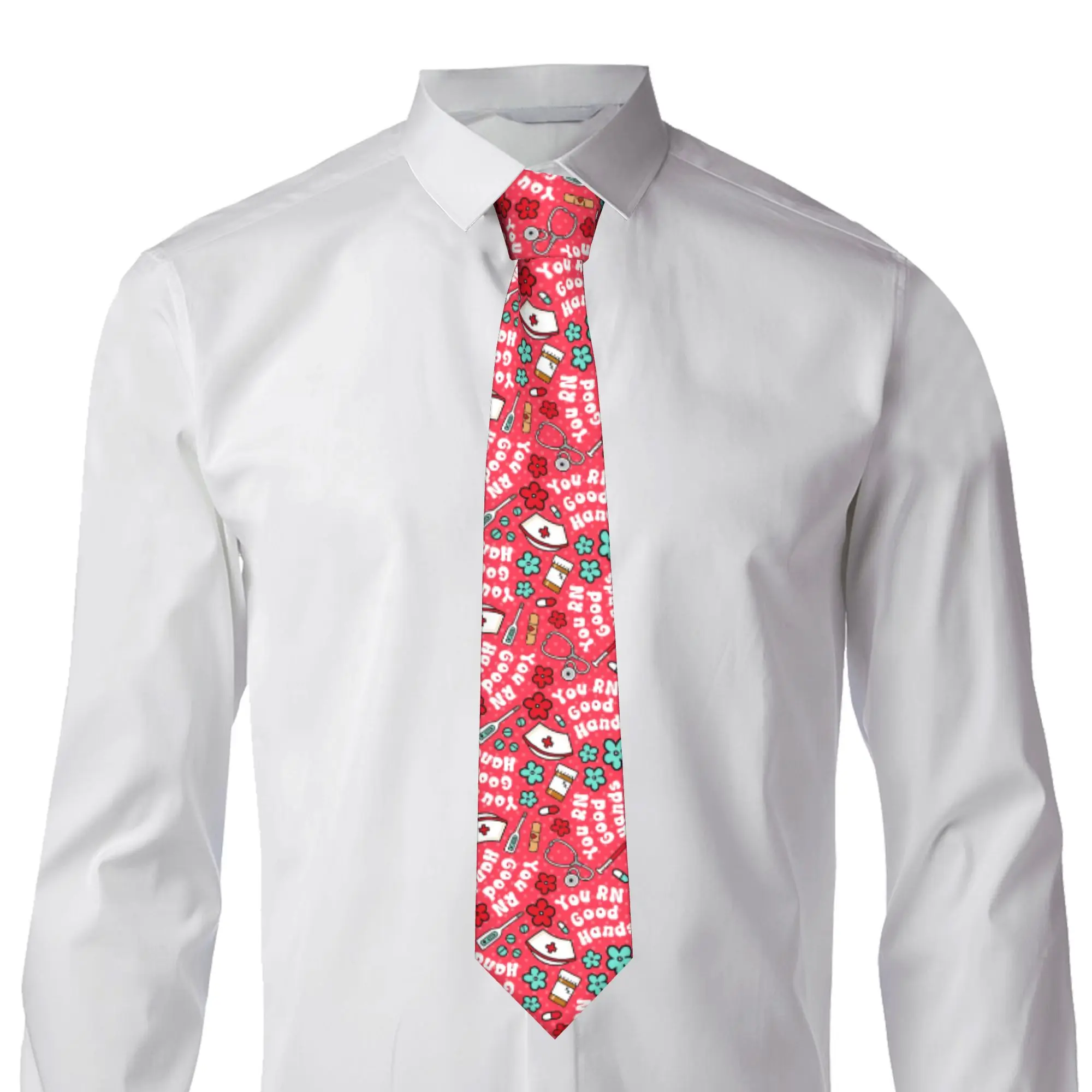Nurse You RN Good Hands  Neck Tie for Men Formal Nursing Floral on Cherry Red Silk Office Neckties