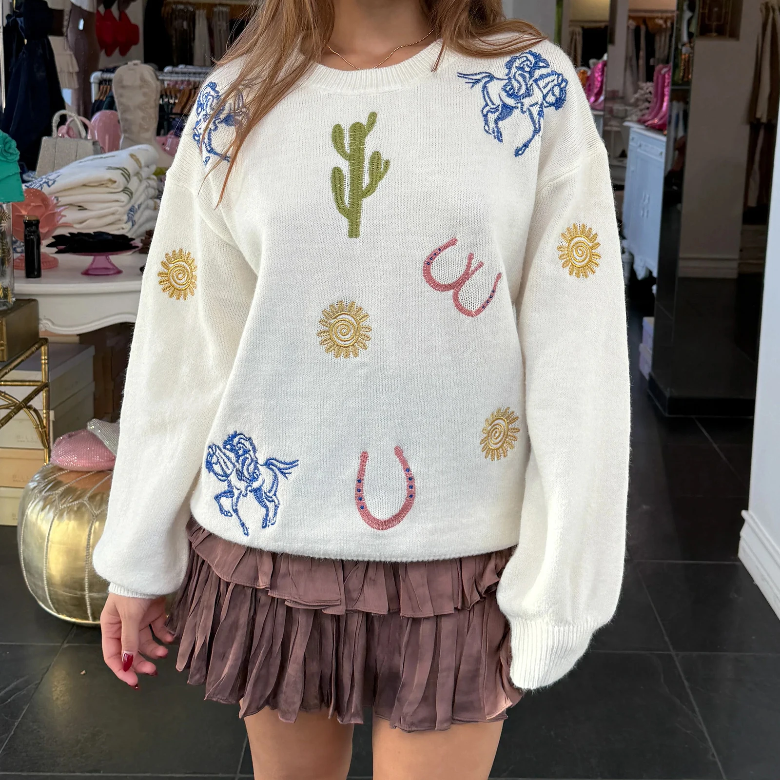 여성용 가을 루즈 스웨터 선인장 태양 자수 긴 소매 라운드 넥 니트웨어 풀오버