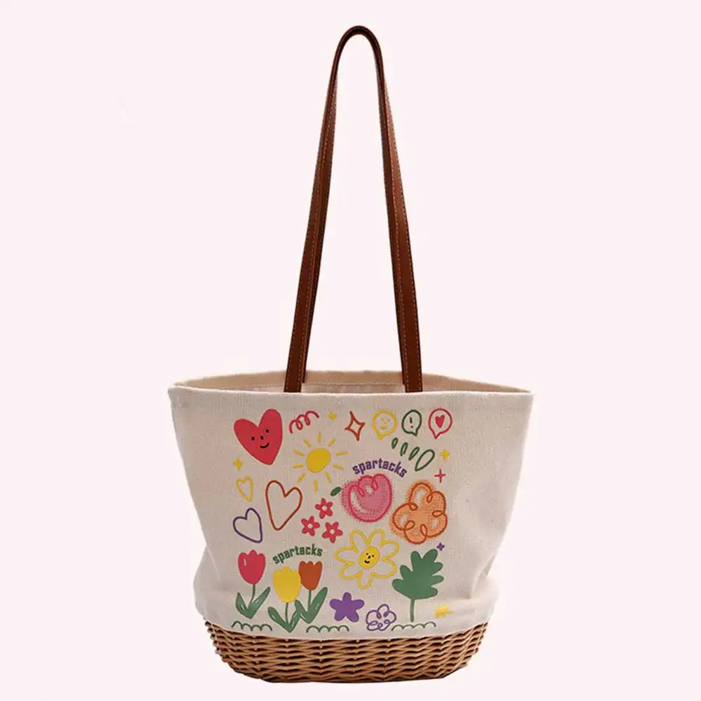 

Women Straw Shoulder Bag Patchwork Canvas Printed Bucket Bag Large Capacity Weave Tote Bag Female Shopping Bag