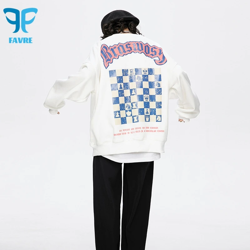 

FAVRE Checkerboard Print Sweatshirts Mens Roundneck Letter Pullovers Women Spring Autumn Ins Casual Korean Version Couple Tops