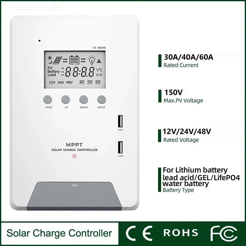 30A 60A MPPT Solar PV Charge Controller 12V 24V 48V Auto Solar Panel Regulator LCD Display For Lead Acid Lithium LiFePO4 Battery