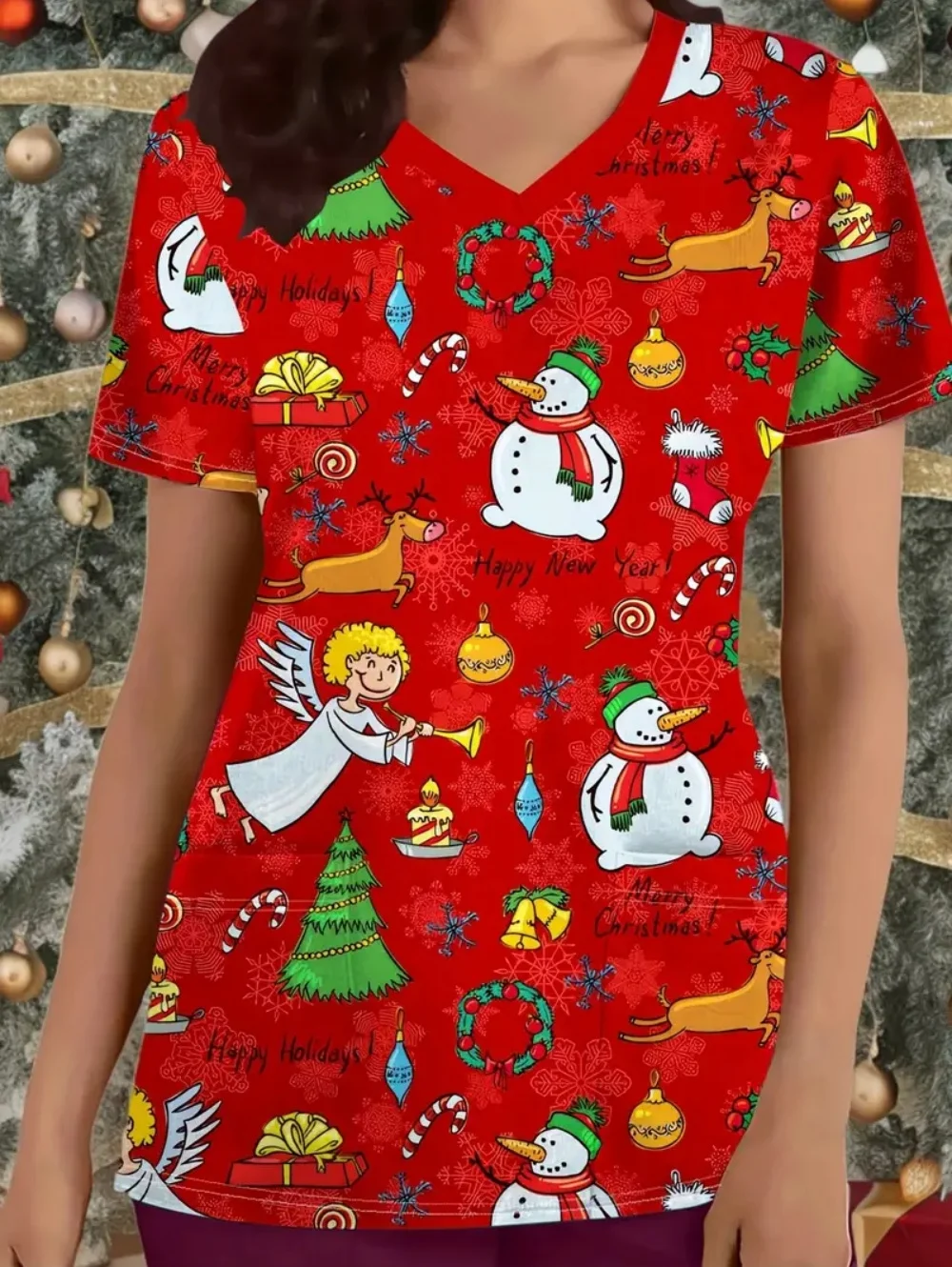 

Christmas Medical Uniform Woman Cartoon Pattern Prin Vet Nurse Summer V-Neck with Pockets Fashion Short Sleeve Nursing Uniforms