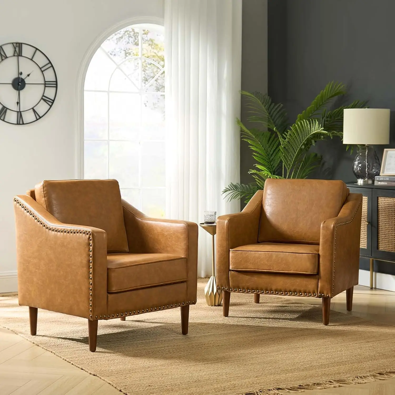 

Hulala Home Faux Leather Accent Armchairs Set Of 2 With Back & Seat Cushions, Traditional Club Chairs With Nailhead Trim, Comfy