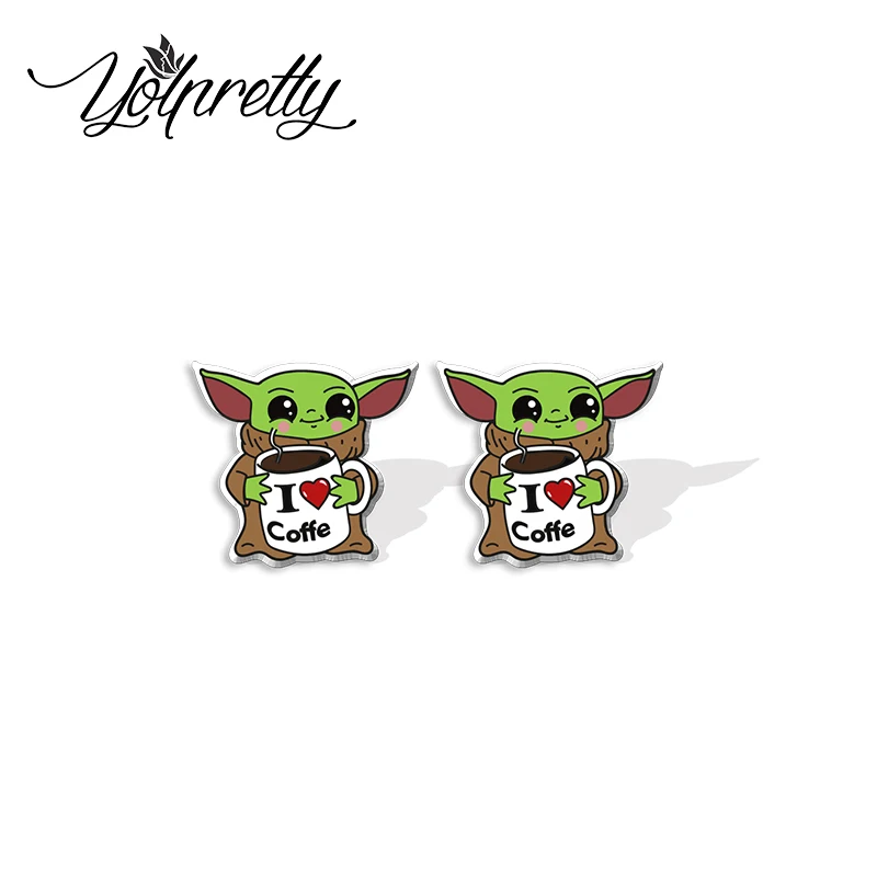 2024 New Arrival Cute Green Space Alien Baby Loves Pizza Frog Coffee Epoxy Stud Earrings Handcraft Acrylic Earrings