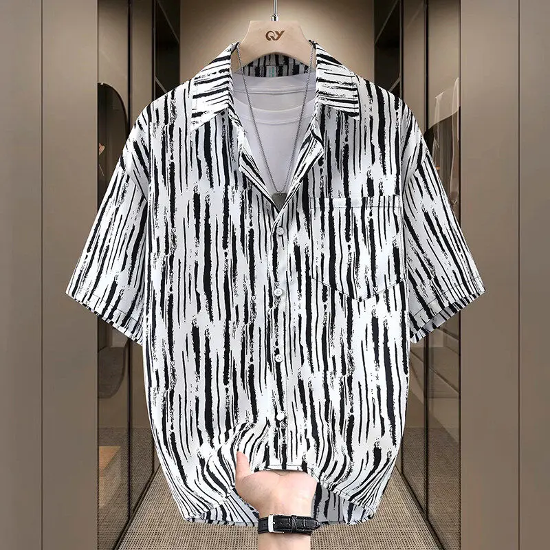 

Ice Silk Stripe Men's Summer Loose Casual ort Sve irt Trendy Brand Cool Sun Protection Polyester Blend Beachwear