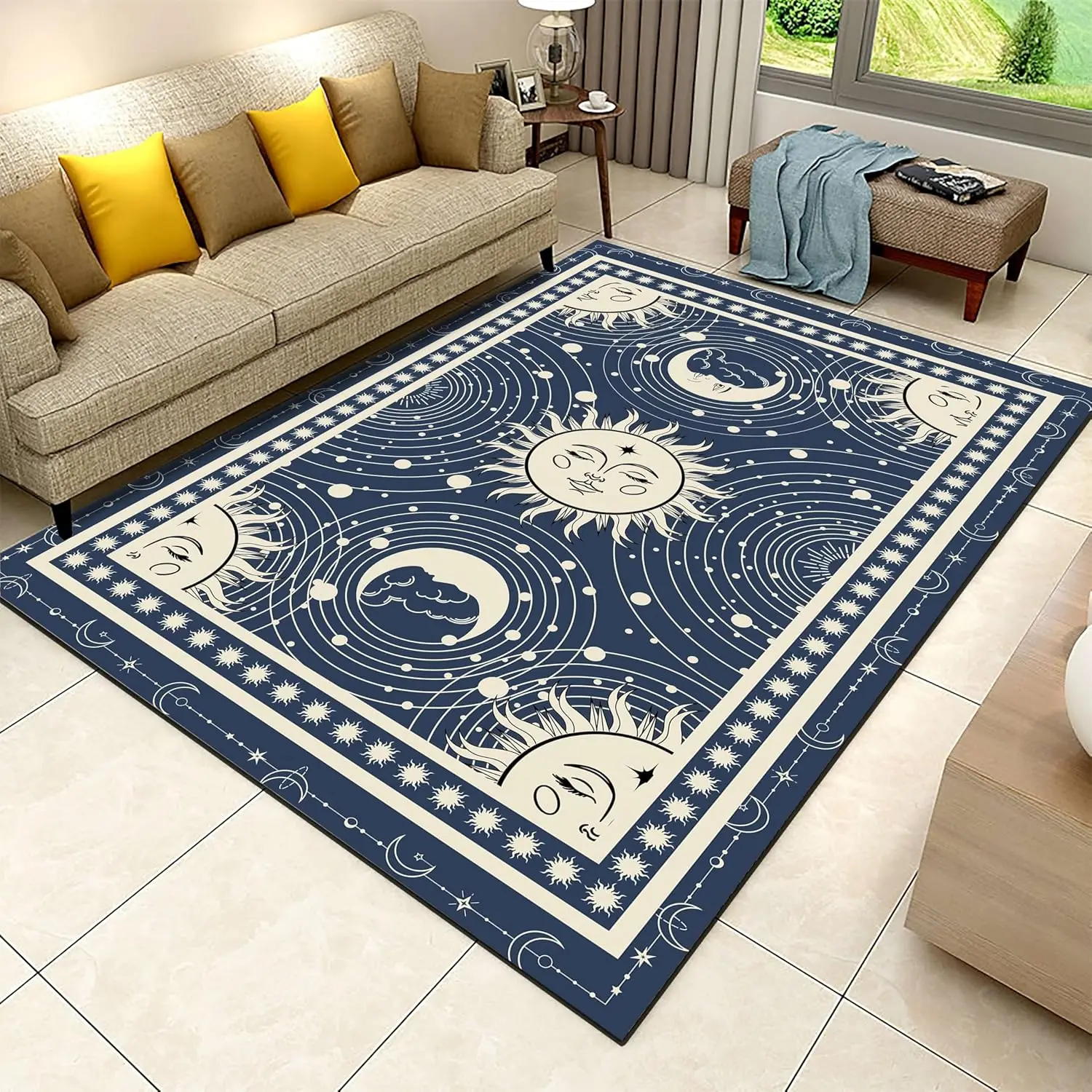 Boho Occult Crescent Bedroom Carpet,Modern Art Celestial Machine Washable Area Rugs,Soft Dirty Resistant Washable Mat for Living