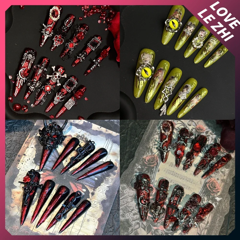 

Y2K Gothic Punk Style Handwork Long Coffin Stiletto Press On Nails Heavy Metal Chain Dragon Eyes Skull Wearable False Nails