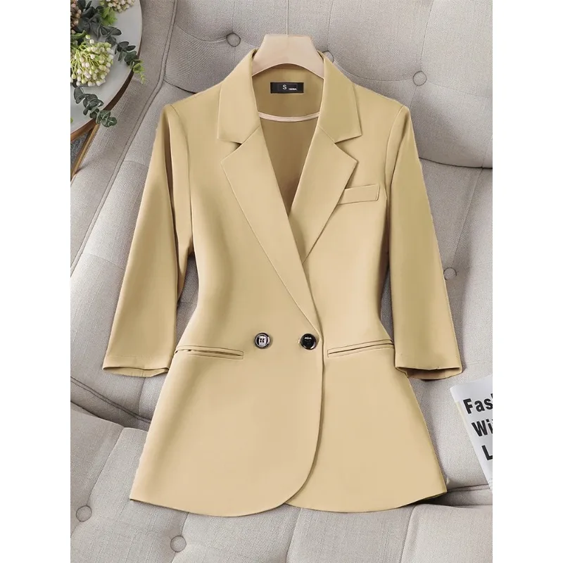 Women Suit Office Ladies Blazer White Green Yellow Black Coffee Female Half Sleeve Solid Formal Jacket Coat Spring Summer Outfit