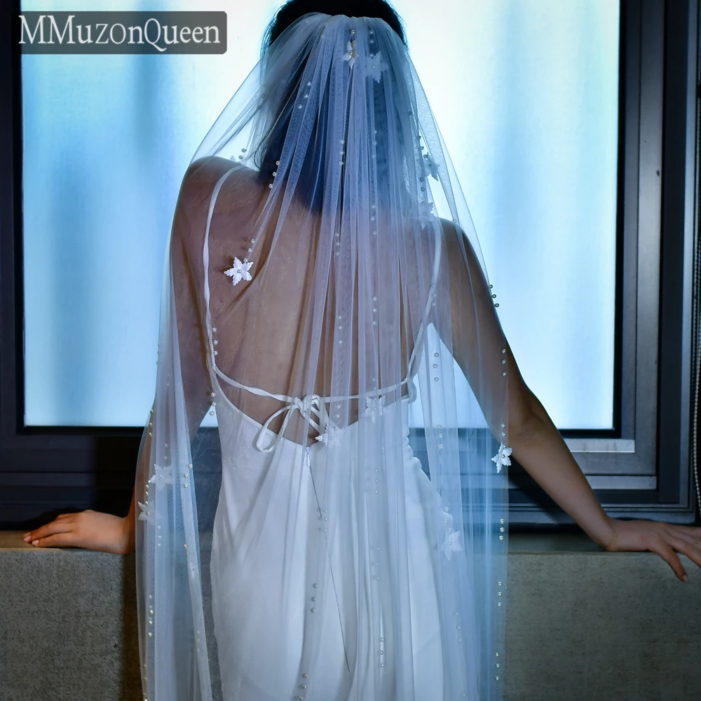 MMQ M78 3D Flowers Wedding Veil With Pearls Long Beaded Bridal Veil With Comb Handmade Veil Mantilla For Girlfriend