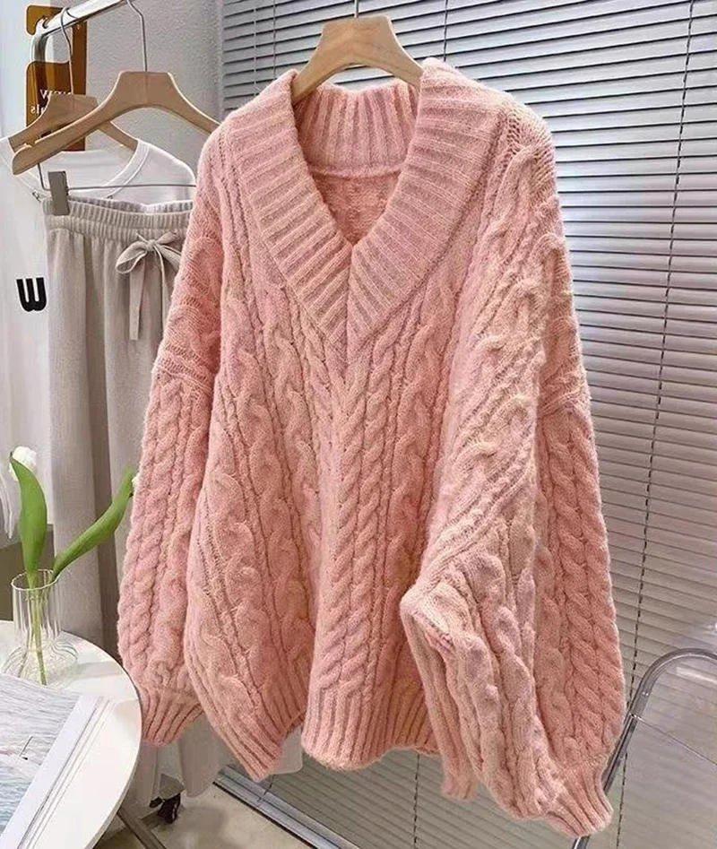 Maglione lavorato a maglia con maniche a lanterna donna coreano solido Twist scollo a v autunno inverno Pullover caldo moda sciolto Casual stile grazioso maglioni