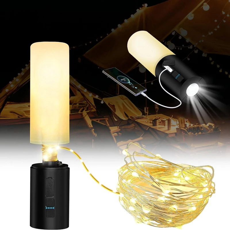 Camping Lantern With String Light(33Ft), Rechargeable 4000Mah Charger Bank, IP44 Waterproof Camping String Lights, Easy To Use