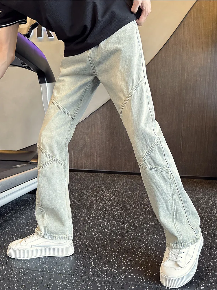 

American Retro Patchwork Jeans Men's Spring Autumn Straight Leg Slimming Pants Curved Knife Flared Long Trousers