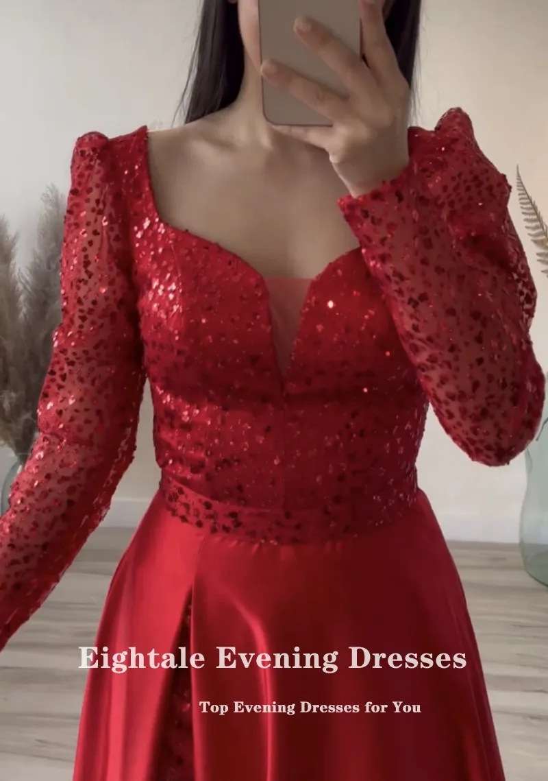 Eightale Luxury Prom Dresses Long Sleeves Sparkly Beaded Satin Red Evening Party Gowns Celebrity Satin abendkleid damen