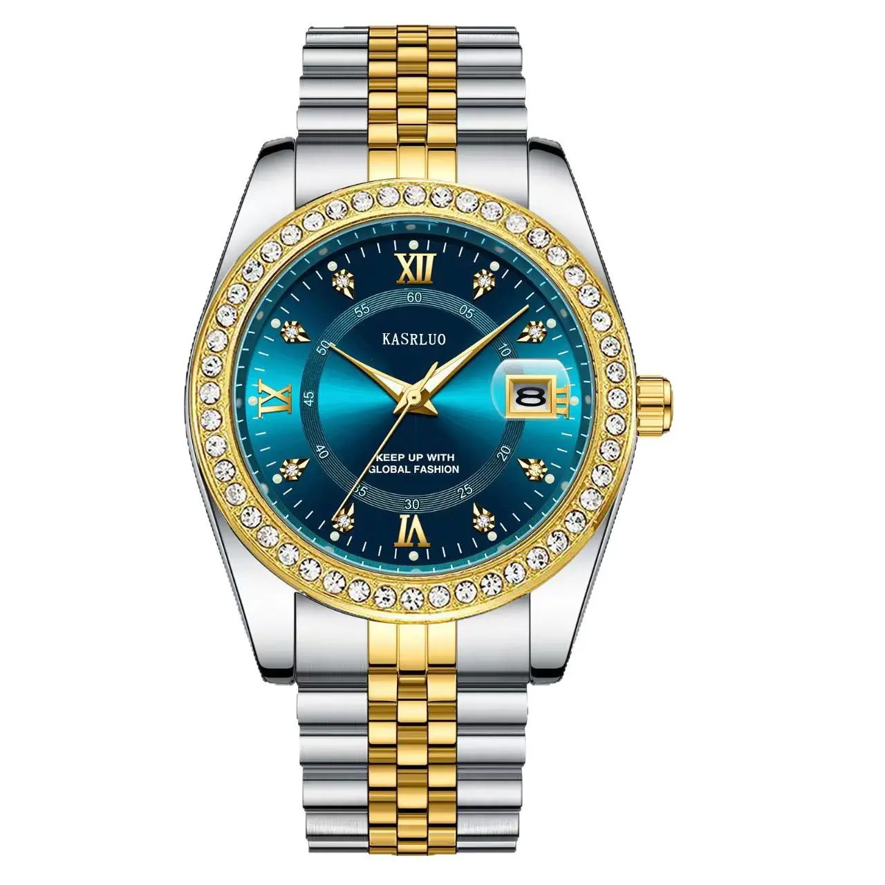 

Часы со стальным ремнем и календарем, инкрустированные бриллиантами, римские цифры, светящиеся водонепроницаемые дорогие часы