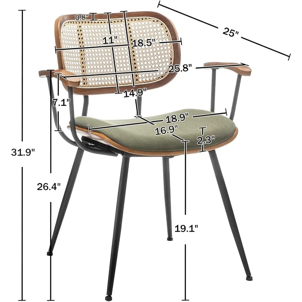 مجموعة كراسي غرفة الطعام الروطان مكونة من 2، كراسي جانبية للمطبخ الحديث في منتصف القرن، كراسي مكتب بأرجل معدنية، قماش سروال قصير حديث أخضر #2