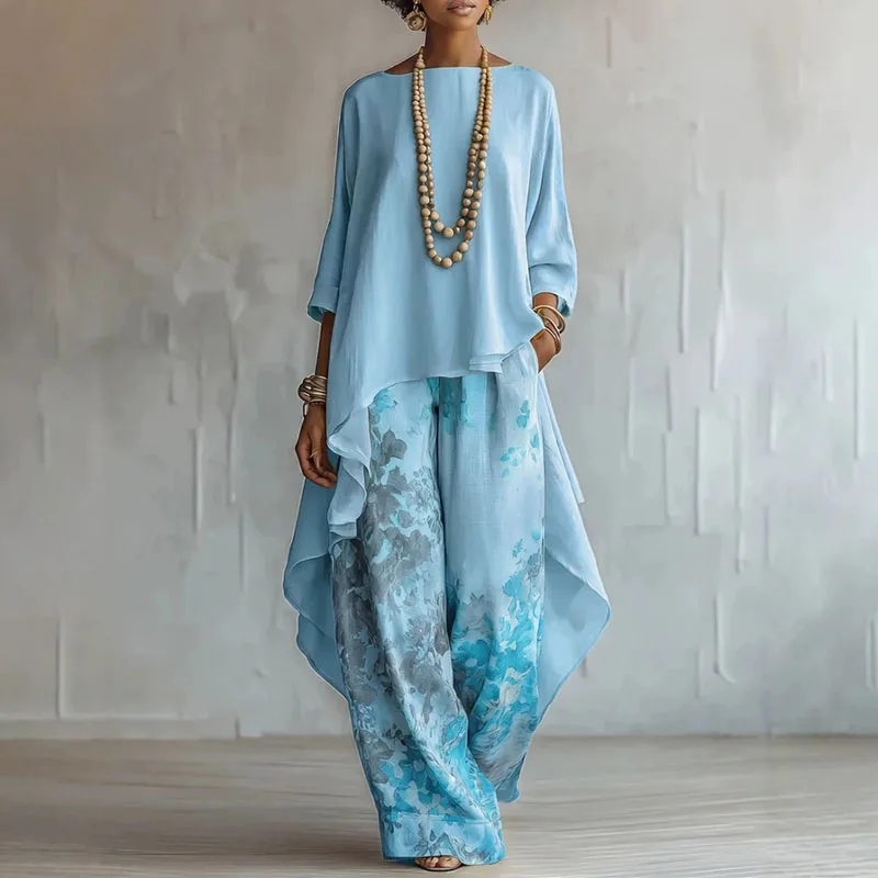 Greenora Boho 2 Piece Outfit for Women Spring Solid Asymmetrical Top and Floral Print Wide Leg Pants Suit 2026 Casual Summer Mat