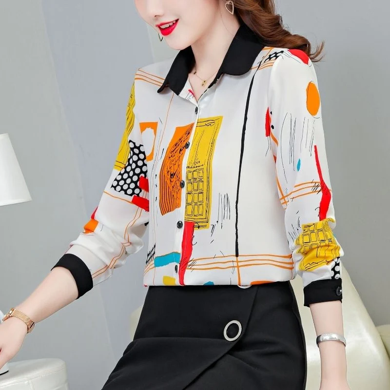 Spring Autumn New Turn-down Collar Long Sleeve Fashion Shirt Women High Street Printing Button Cardigan Elegant All-match Tops