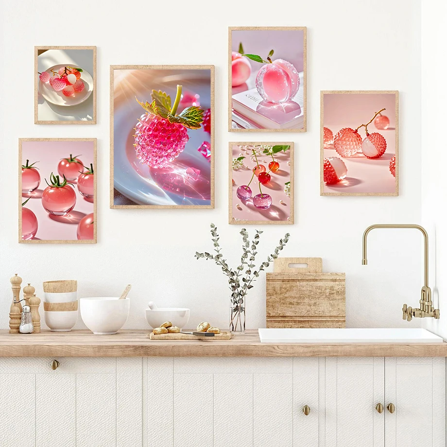 Pink Sparkly Crystal Diamond Alluring Fruit Art Printed Poster Wall Art Canvas Painting Nordic Poster Home Living Room Decor