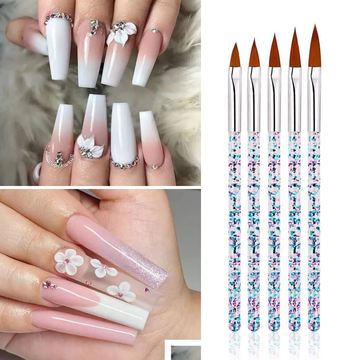 Brosses à ongles en poudre acrylique, manche en cristal, dessin 3D, brosse de construction, brosse d'extension, 3 pièces, 5 pièces