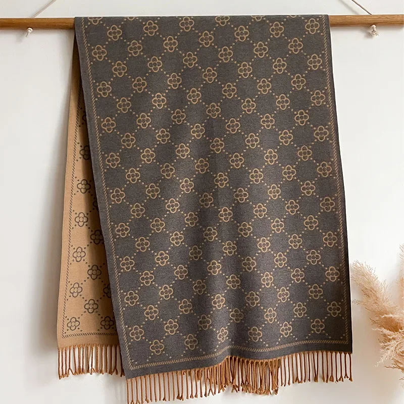 Feminino quatro folhas flor xale núcleo fio fiado imitação cashmere borla cachecol quente ar condicionado xale cachecol outono inverno