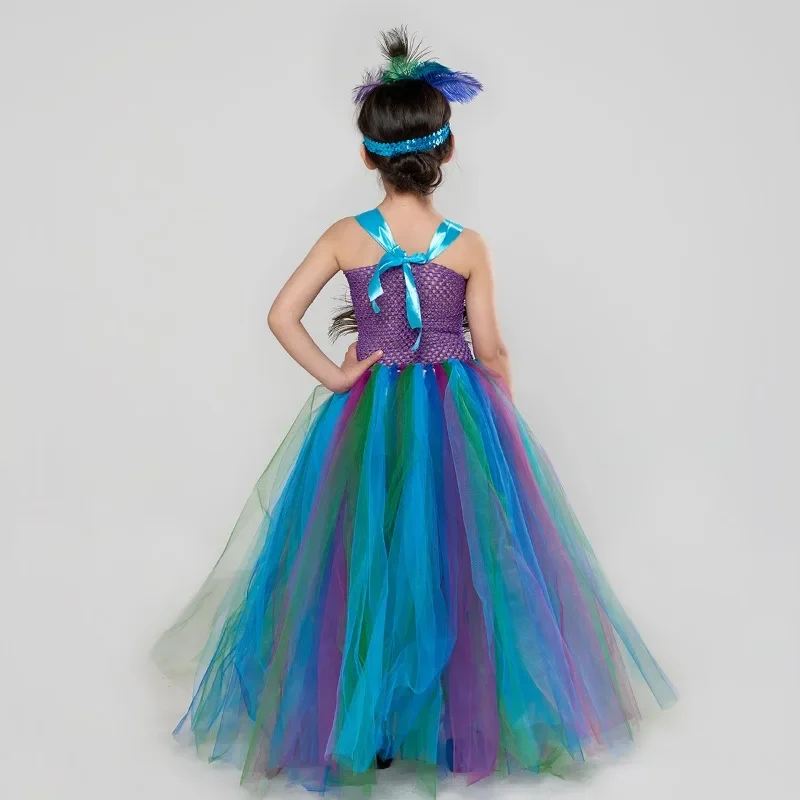 Fancy Peacock Feather Girl Pageant Tutu Dress with Headband Children Kids Birthday Party Wedding Ball Gowns Trailing Tulle Dress