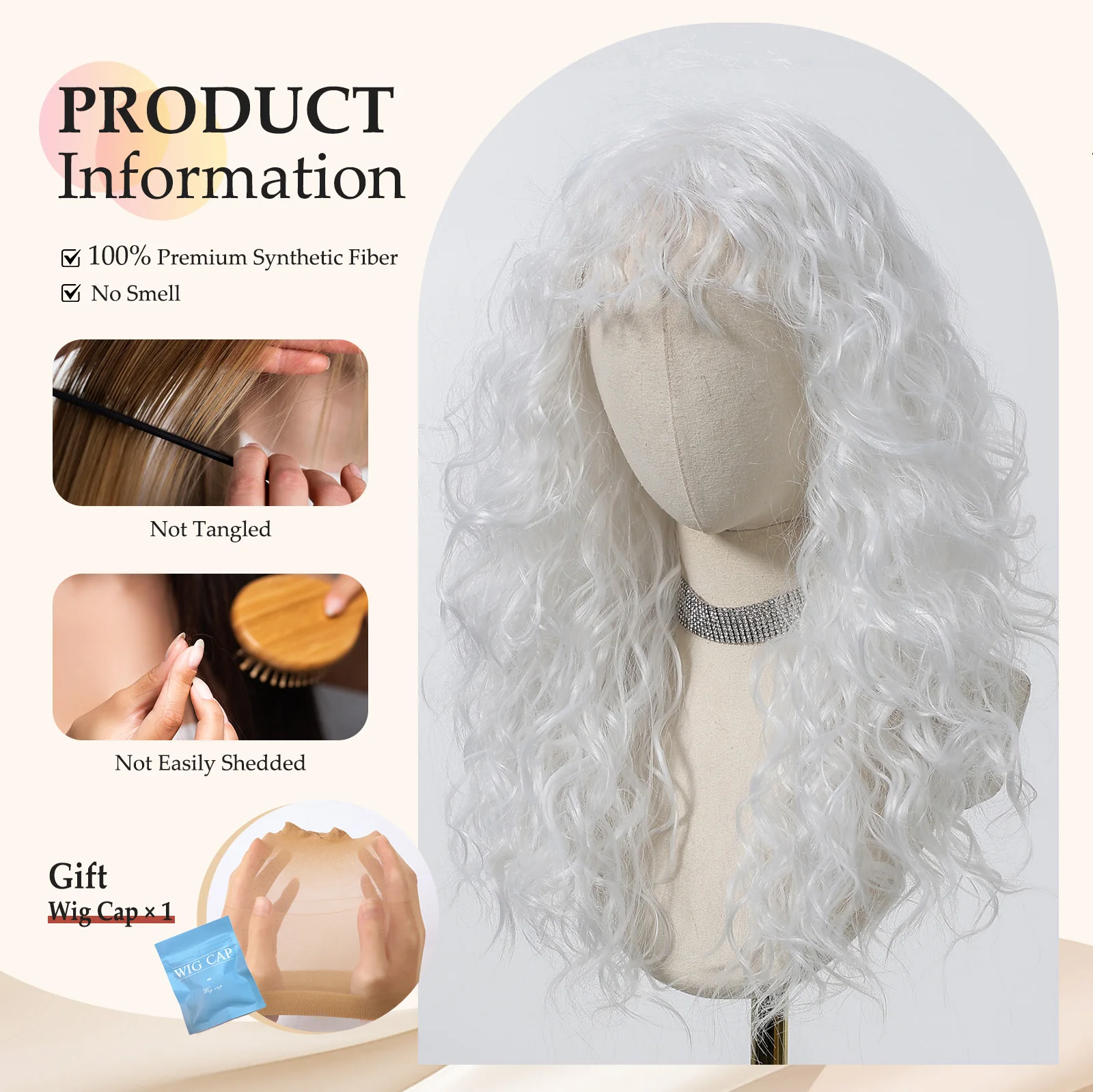 หิมะสีขาววิกผมสังเคราะห์ลอนกับ Curly Bangs หนาแน่นคลื่นลึกวิกผมสําหรับผู้หญิง Christmas Party Cosplay วิกผมทนความร้อน 20 นิ้ว