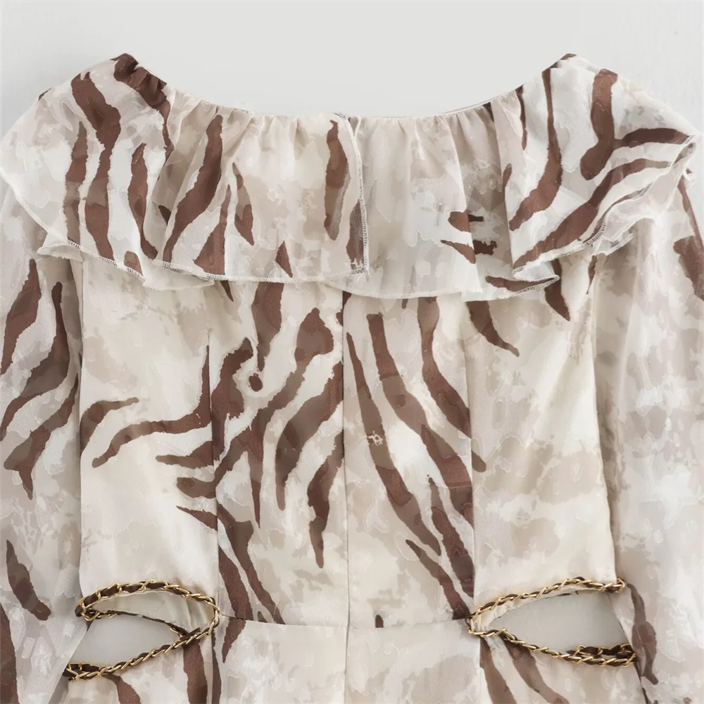 PB&ZA Vestido de mujer, escote en V con volantes, mangas acampanadas, estampado de cebra, cintura recortada, dobladillo asimétrico Artículos de moda