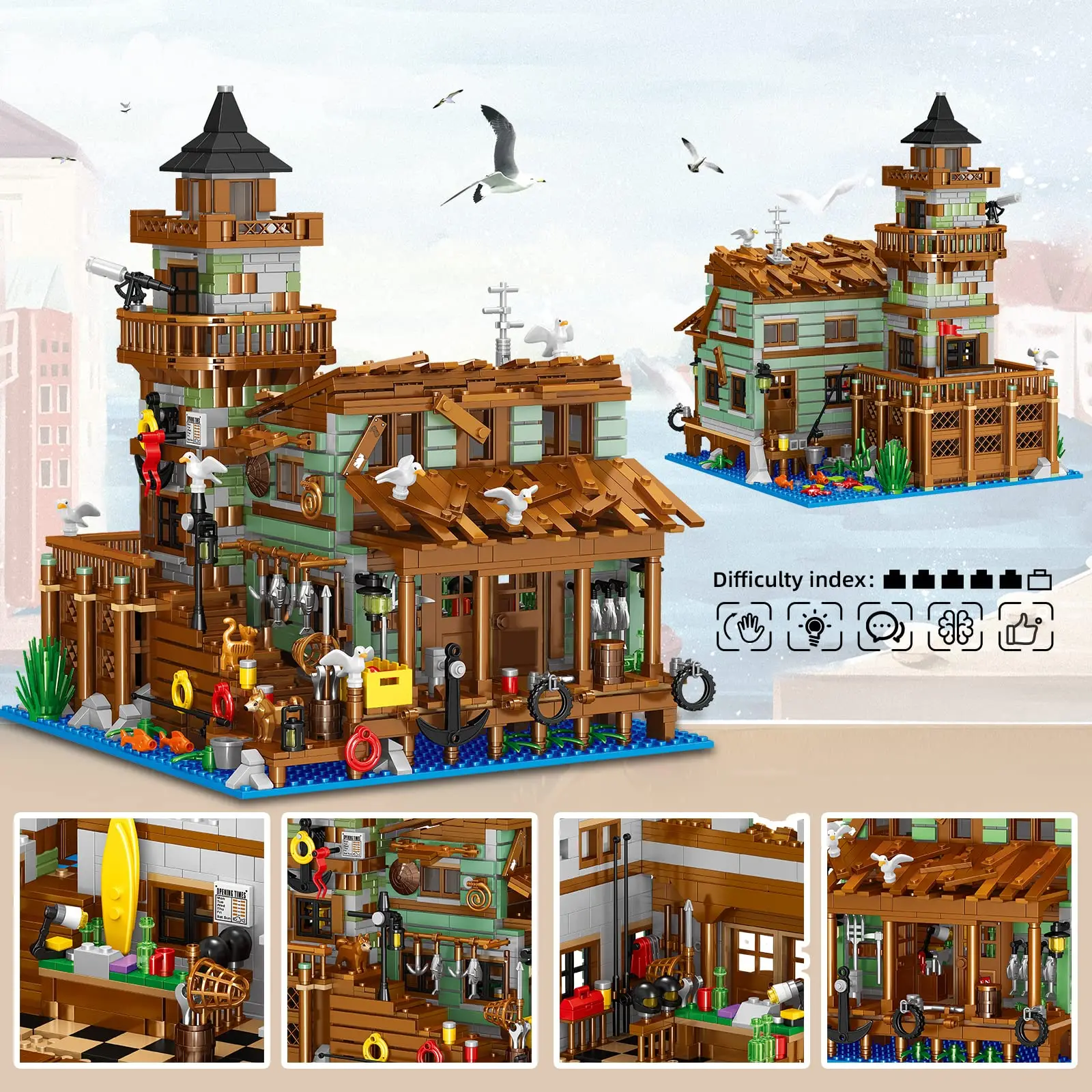 

1881pcs Fishing Village Store House Model Building Blocks Street View Fisherman Cabin Construction Bricks Assemble Toy Kid Gifts