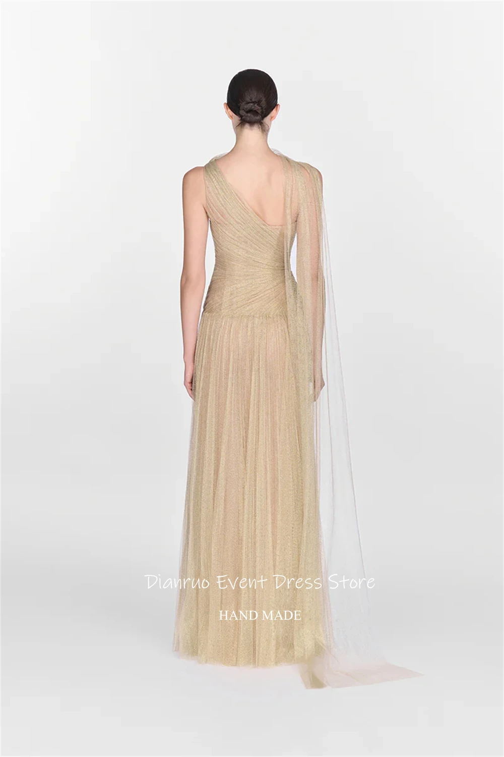 Dianruo فساتين سهرة من التل الذهبي بكتف واحد رسمية على شكل حرف A رداء حفلات أشرطة مكشكشة فيستدوس دي متدرج مخصص #2
