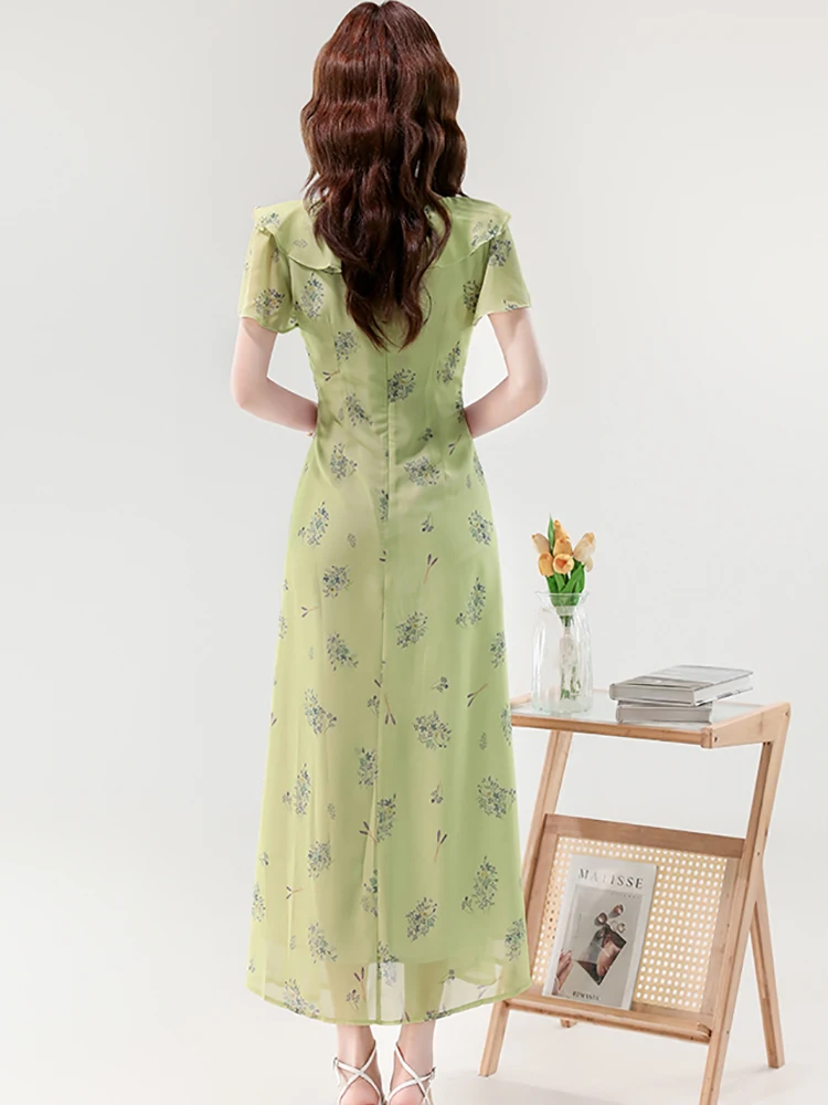 Feminino verde floral chiffon chique arco babados colarinho vestido longo verão boho elegante vestido de férias 2025 coreano bodycon vestido de festa