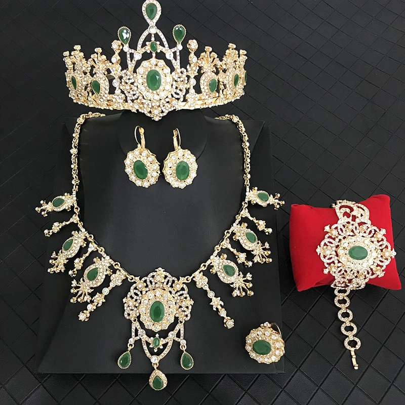 

Luxury Rhinestone Bridal Jewelry Set Vintage Design Arab Women's Caftan Ornament Necklace Earring Bracelet Ring Crown 5pcs/set