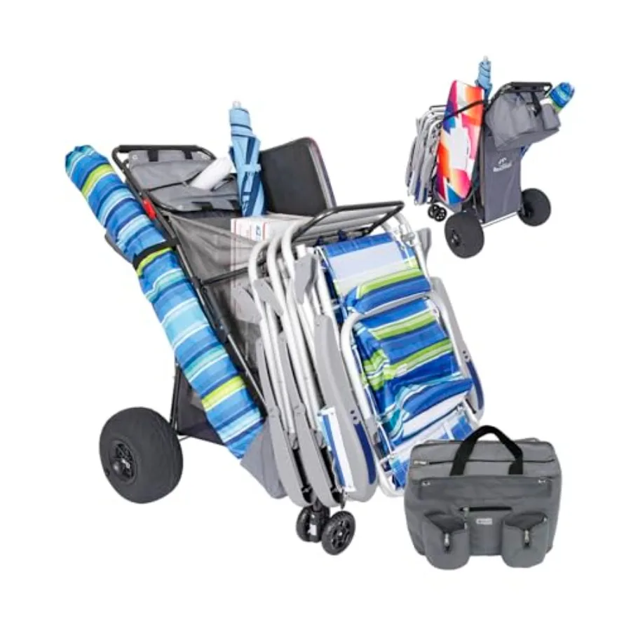 

Пляжная тележка с колесами-баллонами для песка, большая изолированная сумка-холодильник, держатель для пляжной доски и зонта, грузоподъемность 100 фунтов, прочная, устойчивая к УФ-излучению