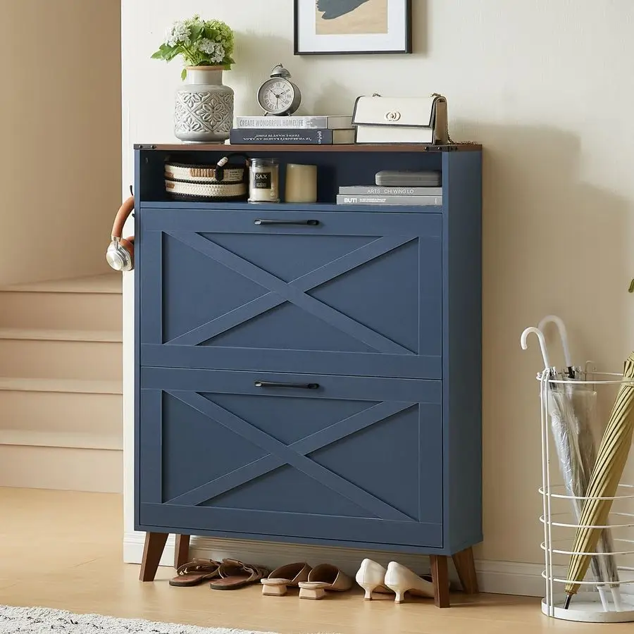 

Storage Cabinet with 2 Flip Drawers, Farmhouse Shoe Organizer for Entryways, Narrow Hidden Rack amp Open Storage, F Customizable