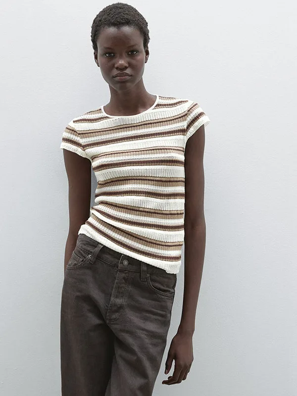 

Женская приталенная футболка из хлопка в полоску с вырезами, летняя новинка, универсальный стиль, в американском студенческом стиле