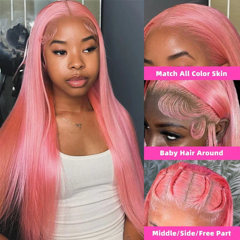Peruca dianteira do laço rosa cabelo humano 13x6 hd perucas frontais do laço transparente para as mulheres 30 36 Polegada longa reta colorido perucas de cabelo humano
