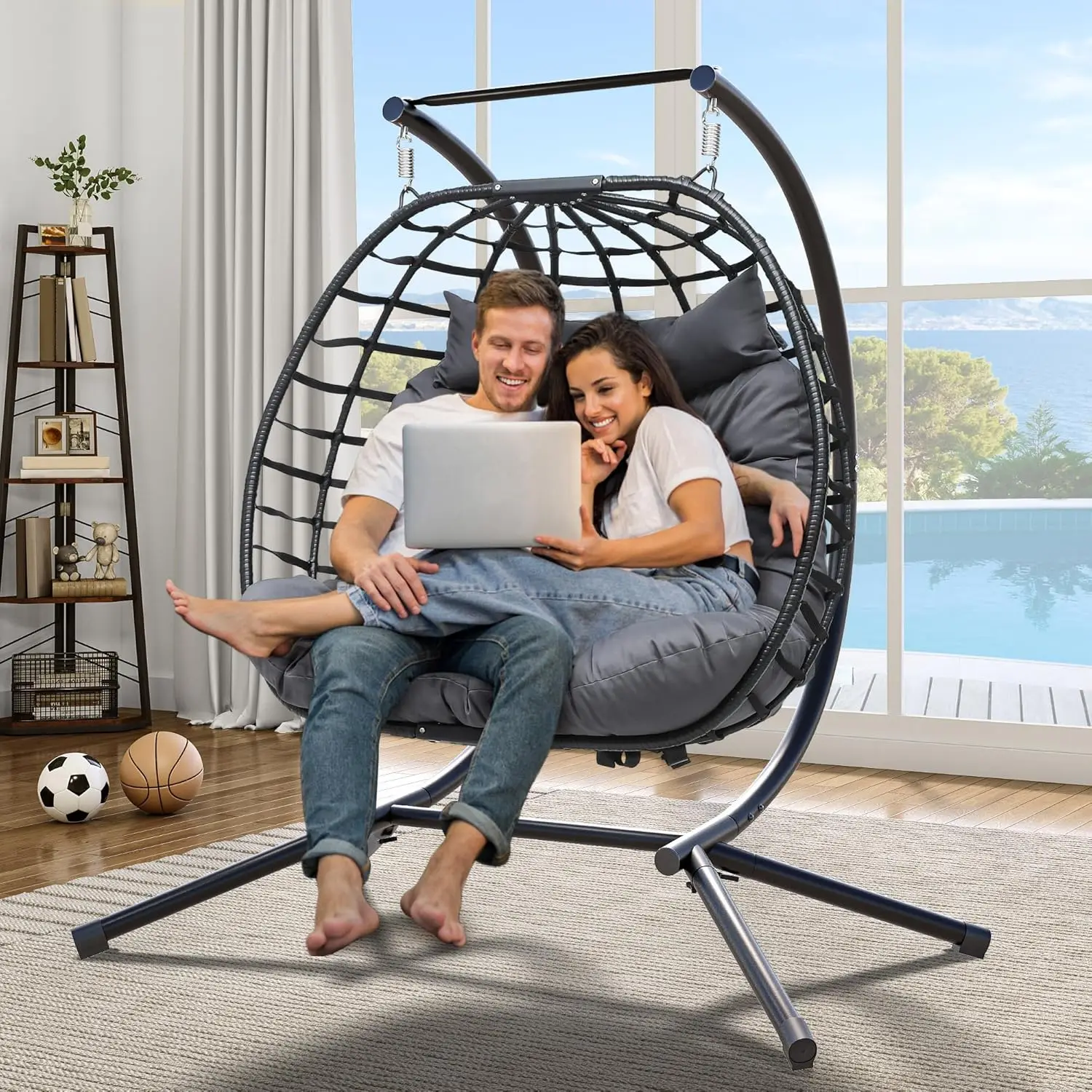 Double Hanging Swing Chair Patio Love Seats Wicker Rattan Chair Outdoor Egg Chair w/ Cushions for Patio, Poolside, Balcony, Gray