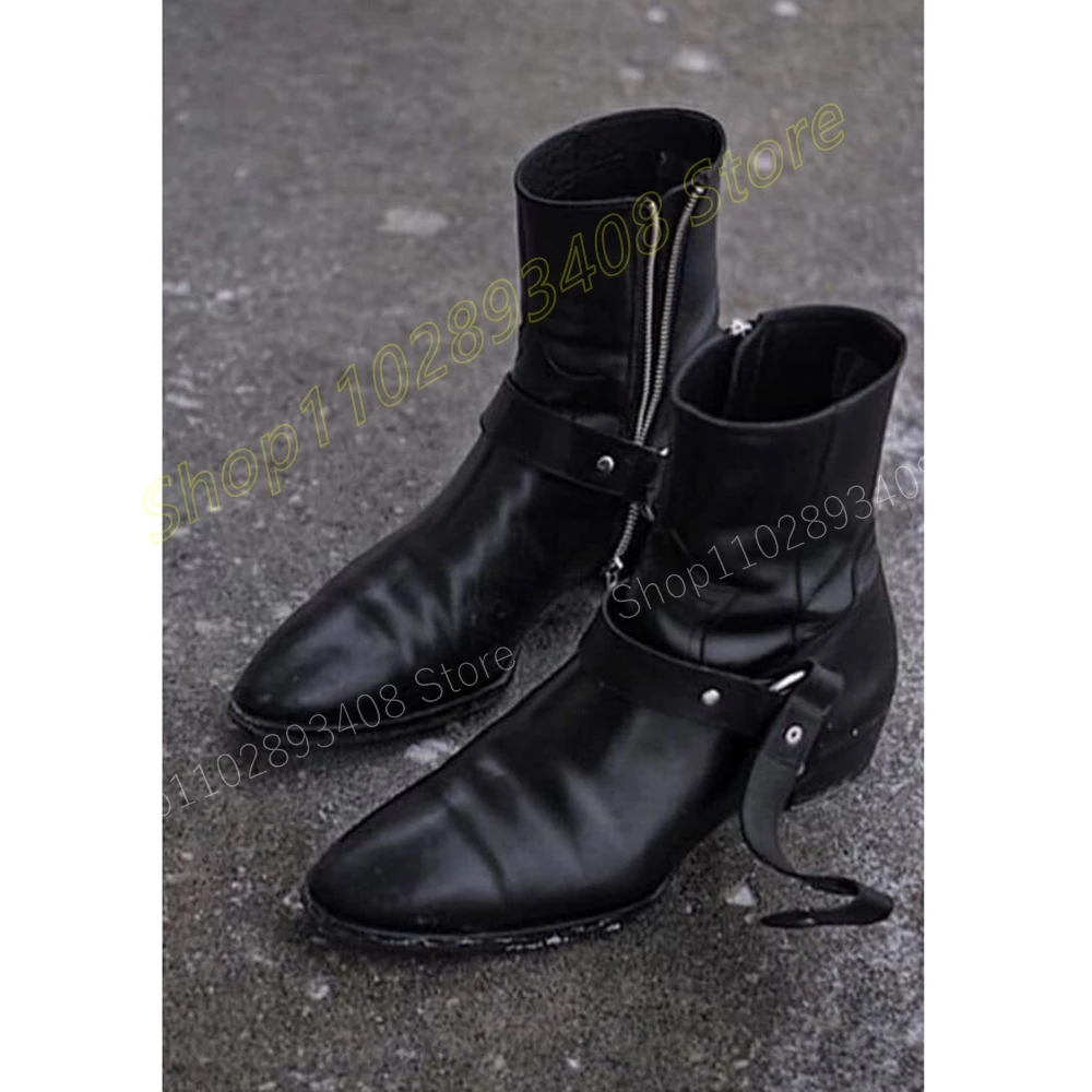 Black Punk Style Men Ankle Boots Leather Round Rivets Cool Cowboy Pointey Side Zipper Knight Men Shoes 2024 Zapatillas Mujer