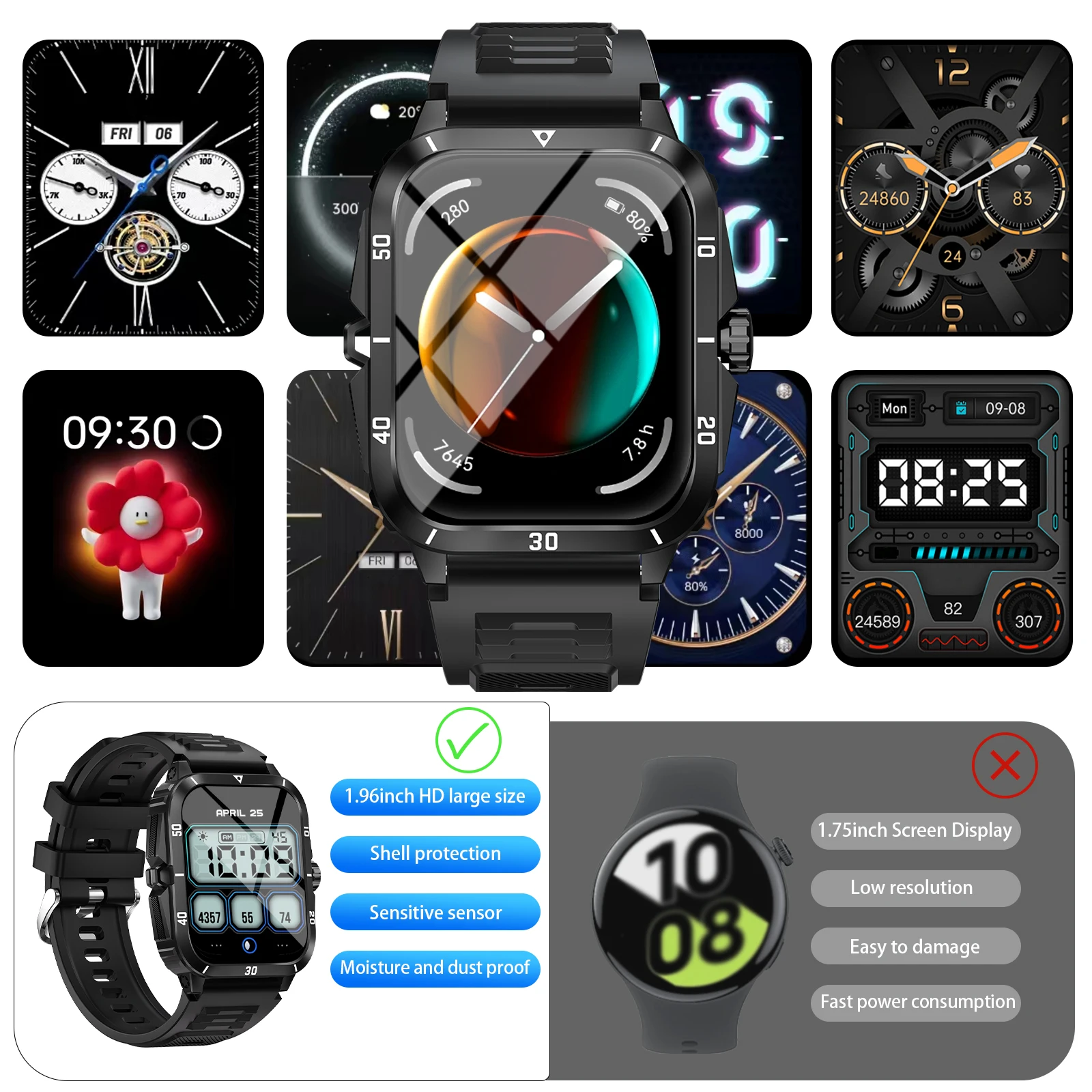 1.83 inch smart watch for men and women, USB charging, 180 mAh battery, remote camera/music player, outdoor sports mode, wireles