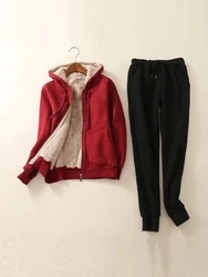 2-Piece Cashmere Hooded Tracksuit for Women, Thick Sweatshirts, Warm Sports Suits, 3XL, Winter