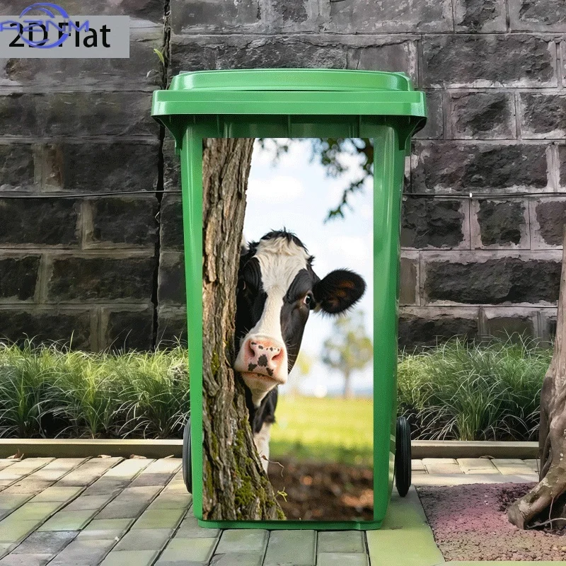 1pc of Trash Can Sticker, × inch, Featuring a Tree Behind a Probing Cow Design, Self-Adhesive Wall Decoration for Kitchen Tras