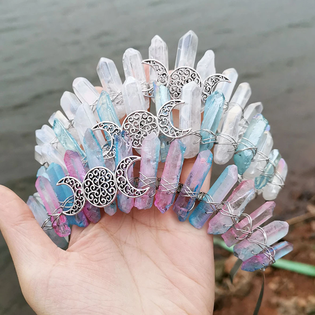 Raw Crystal Tiara Crown Headband, Natural Quartz Moon Goddess Witch Headpiece for Wiccan Cosplay Party Headwear