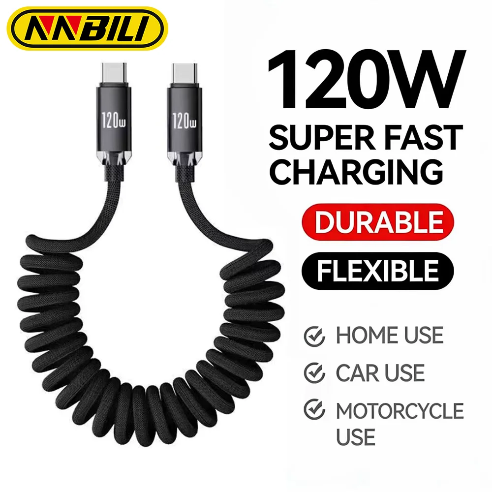 NNBILI Auto-Spiralkabel USB-C auf Typ-C für iPhone 17 16 15 Xiaomi Samsung 120W Schnellladung für Macbook USB-A auf Typ-C Kabel