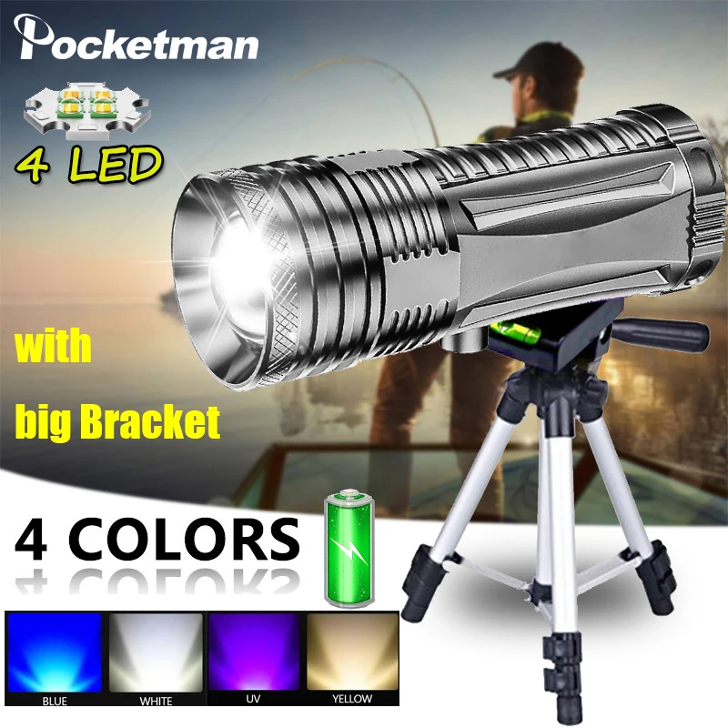 Ultra Bright LED Flashlight 4 Light Colors Blue/White/Yellow/UV Light Flashlight Rechargeable Torch Fishing Flashlight