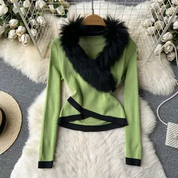 Vintage Long Sleeve V-neck Faux Collar Casual Criss-Cross Spliced Top Chic Women Streetwear Korean High Street Autumn Blouse