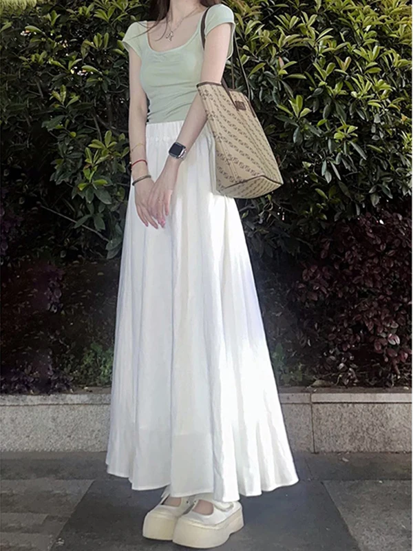 

White A-Line Midi Skirt Women's Extended Length f Skirt Summer New Sle Small Size Friendly Long Skirt